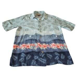 Havana Jacks Cafe Mens Large 100% Silk Hawaiian Shirt Ombre Floral Palm‎ Green